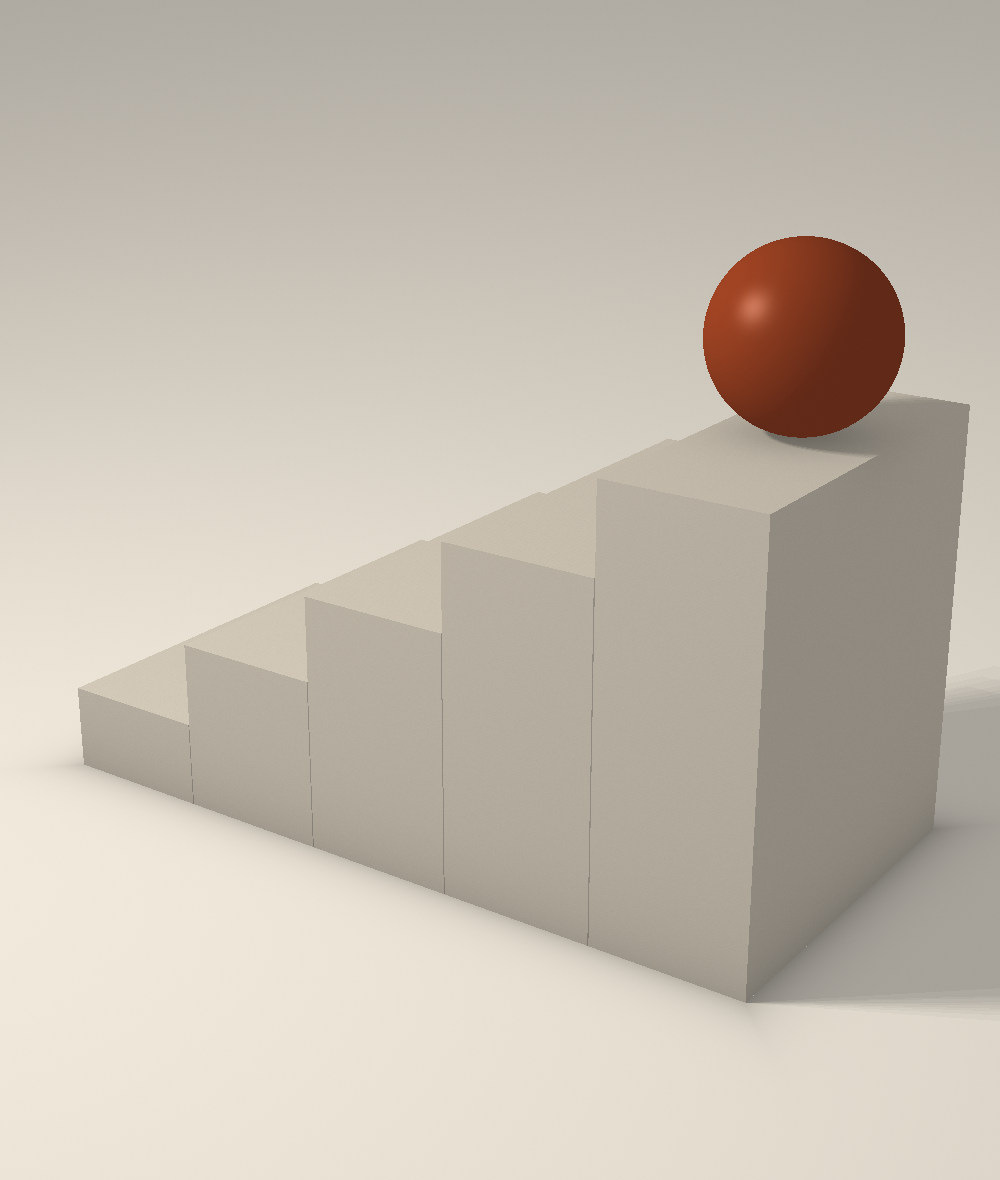 Original architectural illustration of ascending stone steps and a terracotta sphere, representing a clear path to business progress
